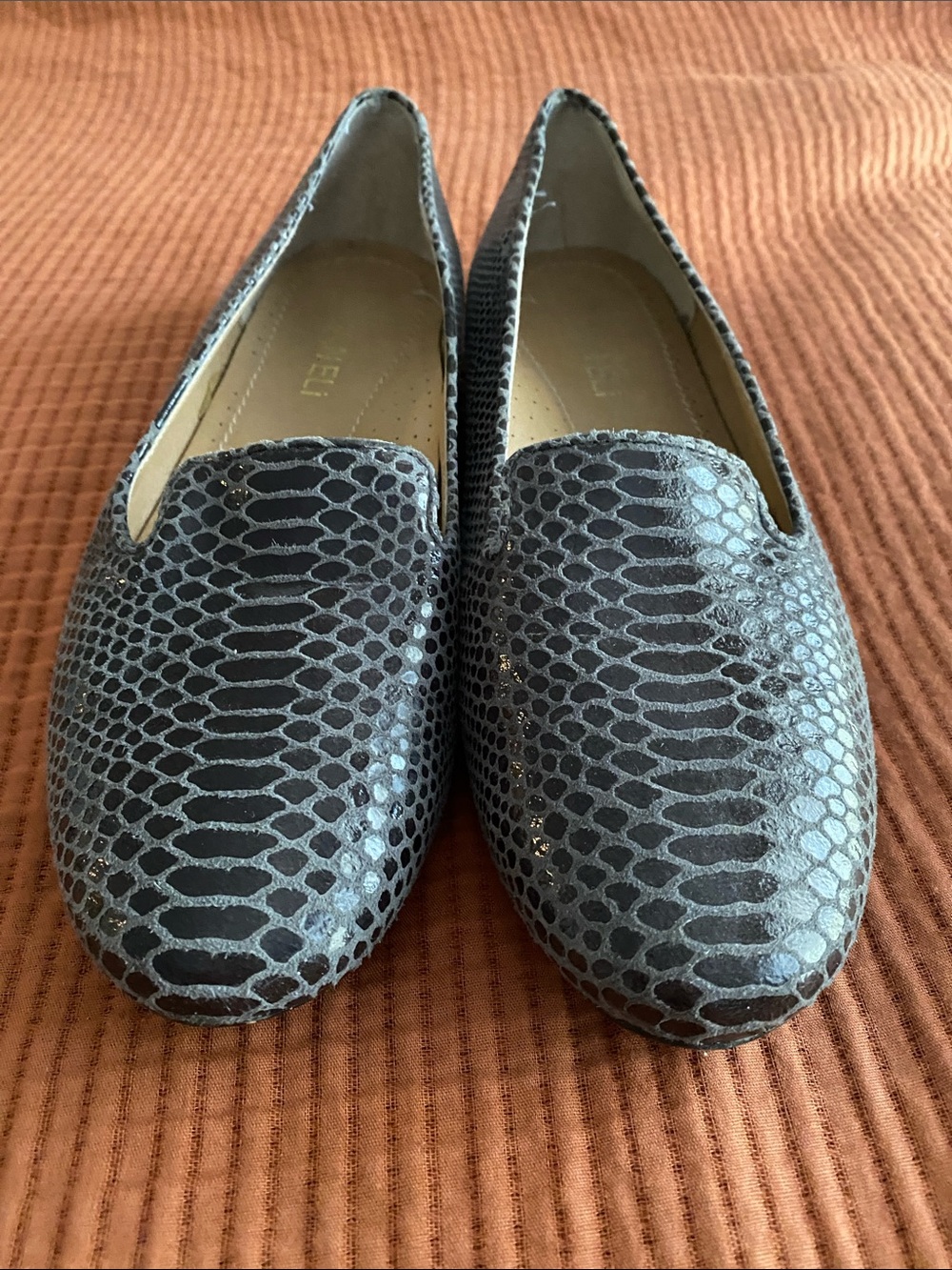 Snake-Print Gray Slip-On Loafers